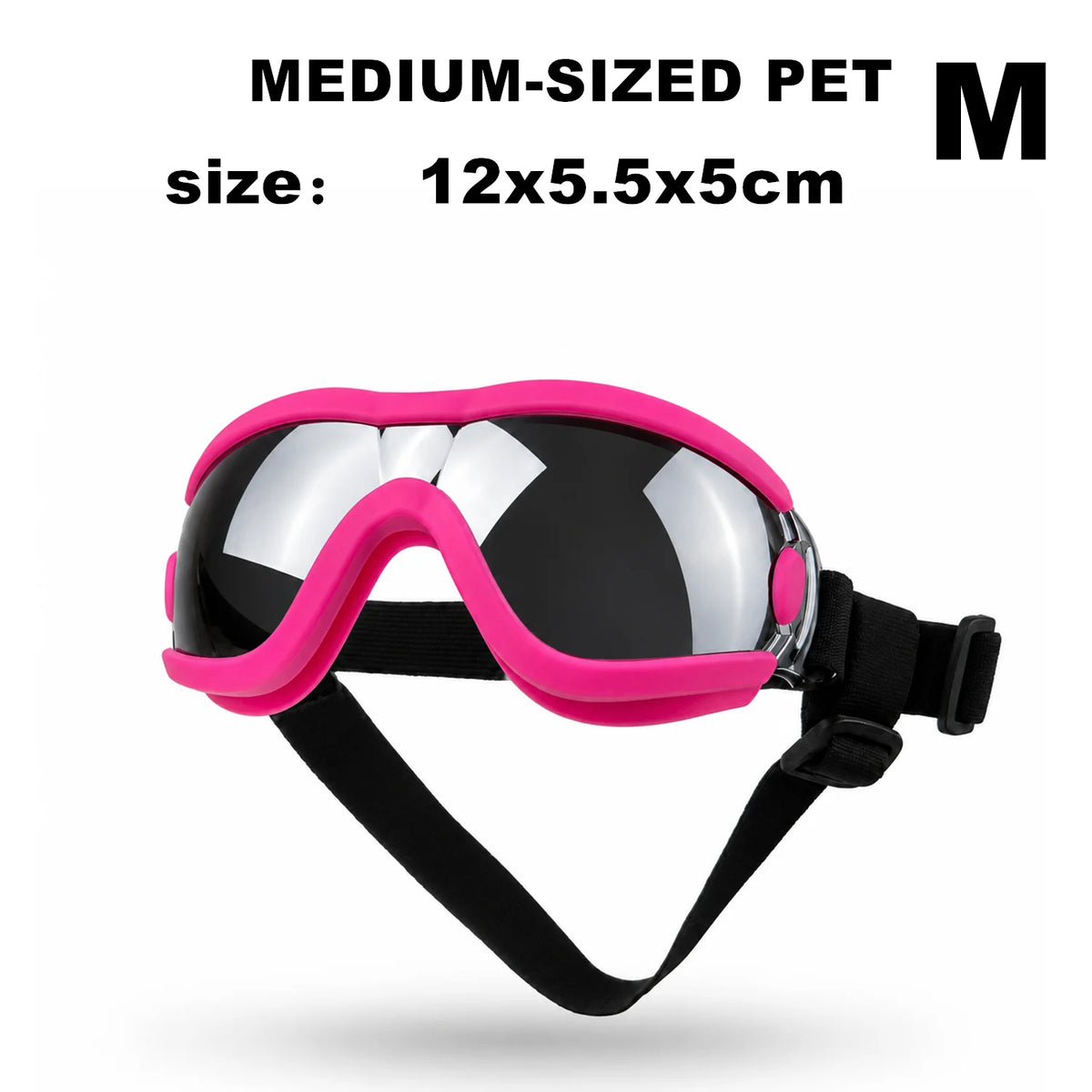 Ein Paar mittelgroße rosa und silberne UV-Schutz-Hundegoggles mit schwarzem Riemen.
