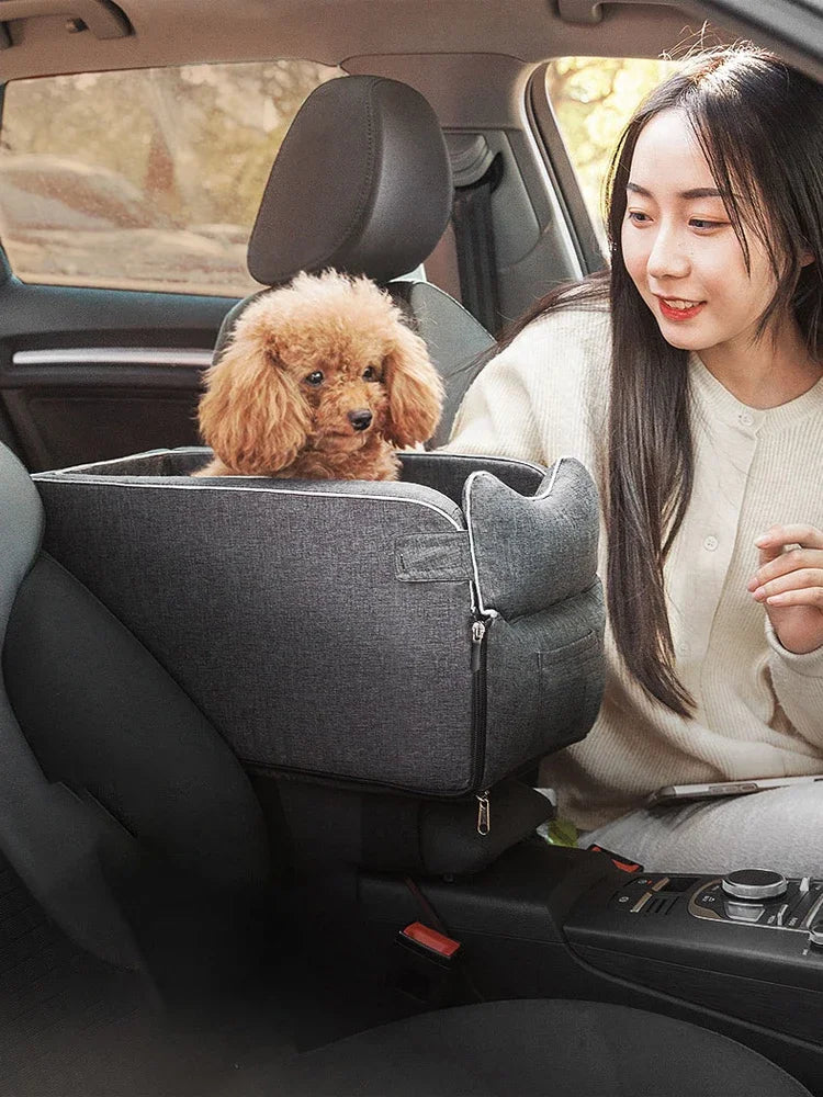 A woman is sitting in a car, holding a fluffy golden dog resting in a portable pet car seat and booster bed.
