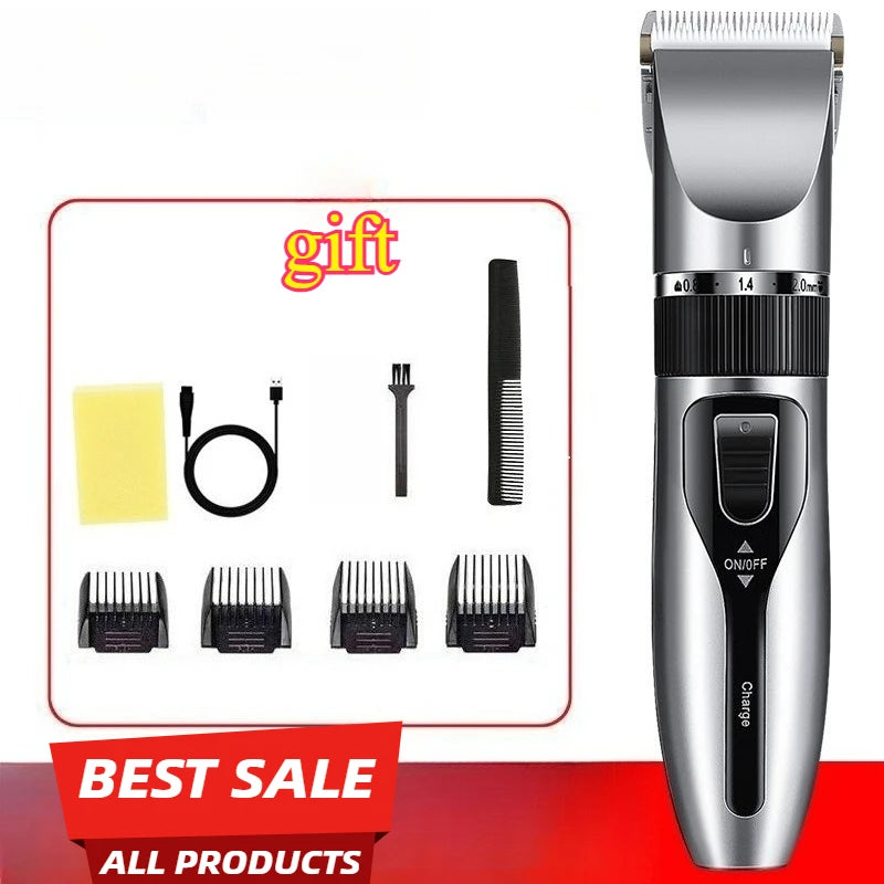 A silver cordless rechargeable pet grooming clipper with various attachments shown in a gift set.