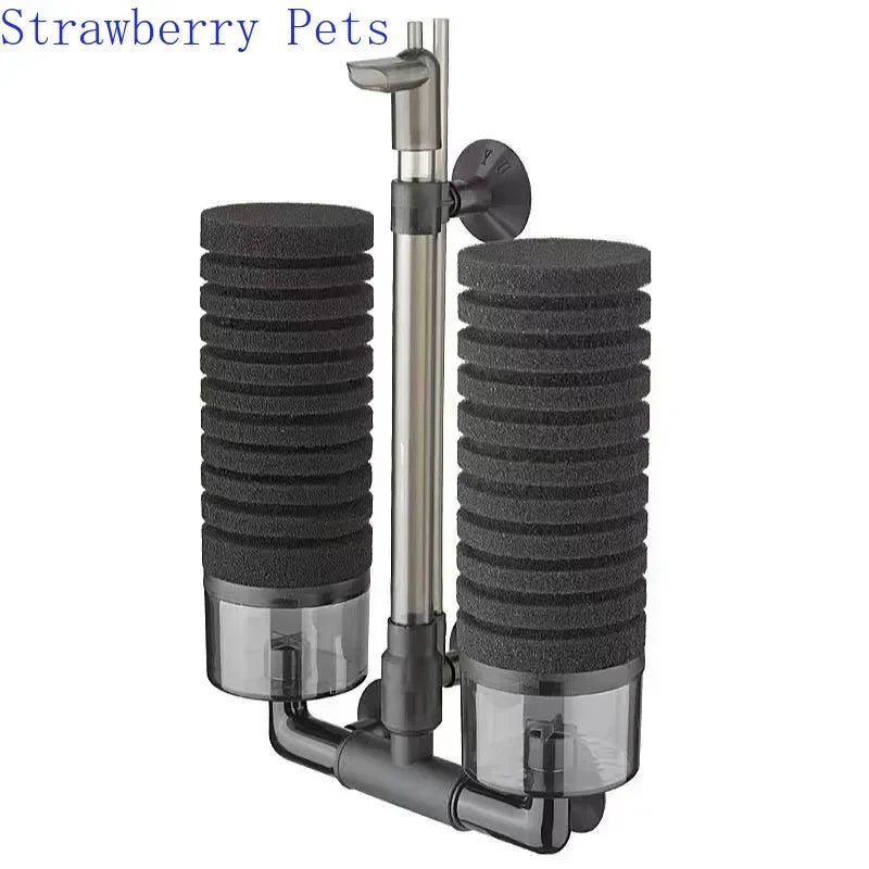 A silver aquarium bio sponge filter with a surface skimmer assembly.