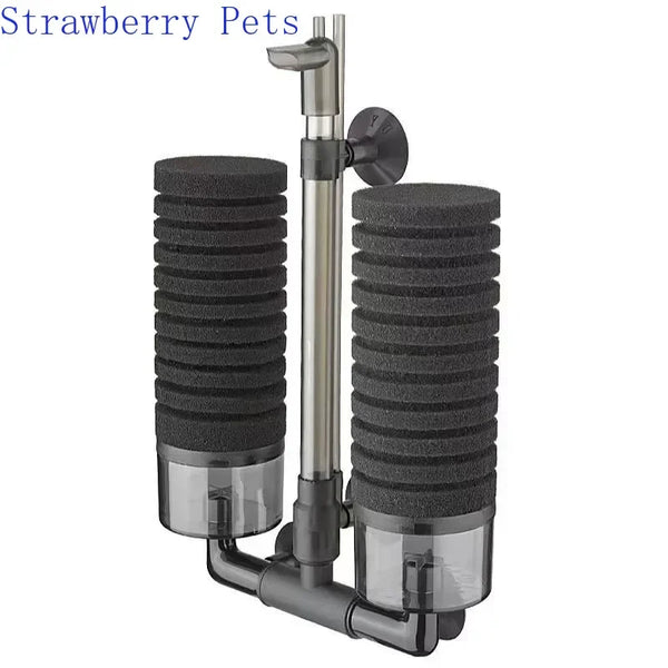 A silver aquarium bio sponge filter with a surface skimmer assembly.