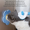 A gray and white cat is using a blue silicone lick mat for pet anxiety relief.