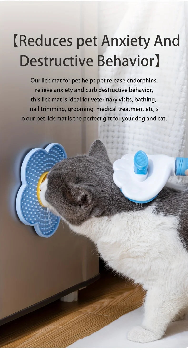 A gray and white cat is using a blue silicone lick mat for pet anxiety relief.