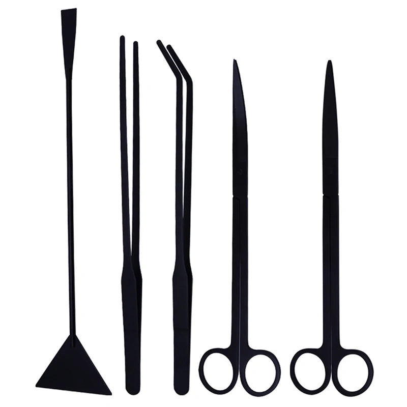 A set of stainless steel aquarium plant trimming tools, including various types of plant trimming scissors and tools.