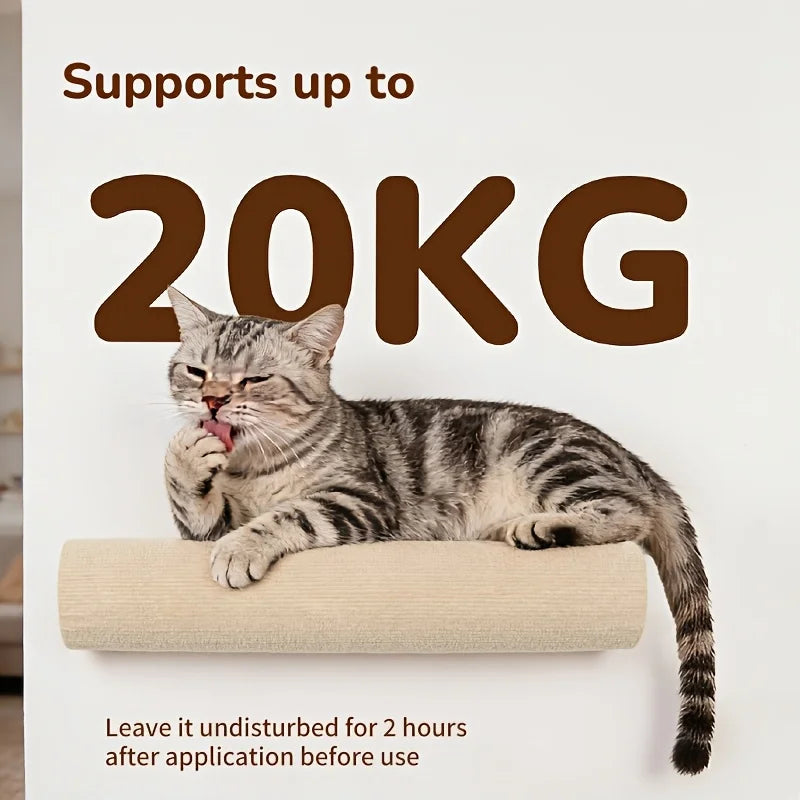 A tabby cat is resting on a beige wall-mounted scratching board, with text indicating it supports up to 20KG.