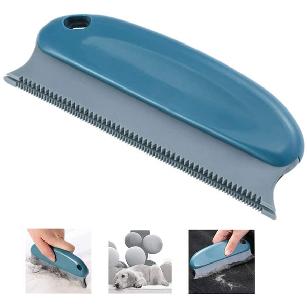 A blue portable lint and pet hair remover brush shown with close-ups of its use.