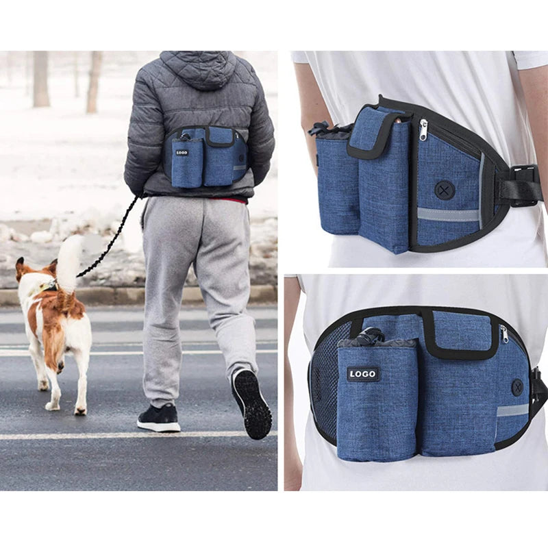 A blue hands-free dog walking belt with storage pockets and a bungee leash worn by a person.