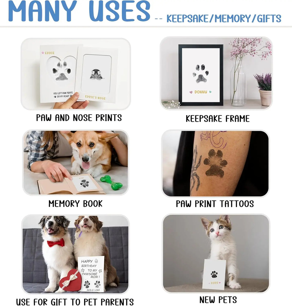Collection de kits d'empreintes de pattes pour animaux, incluant cadres, tatouages, livres souvenirs et cadeaux.
