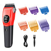 A red cordless pet grooming clipper with LED light and various precision blades and accessories.