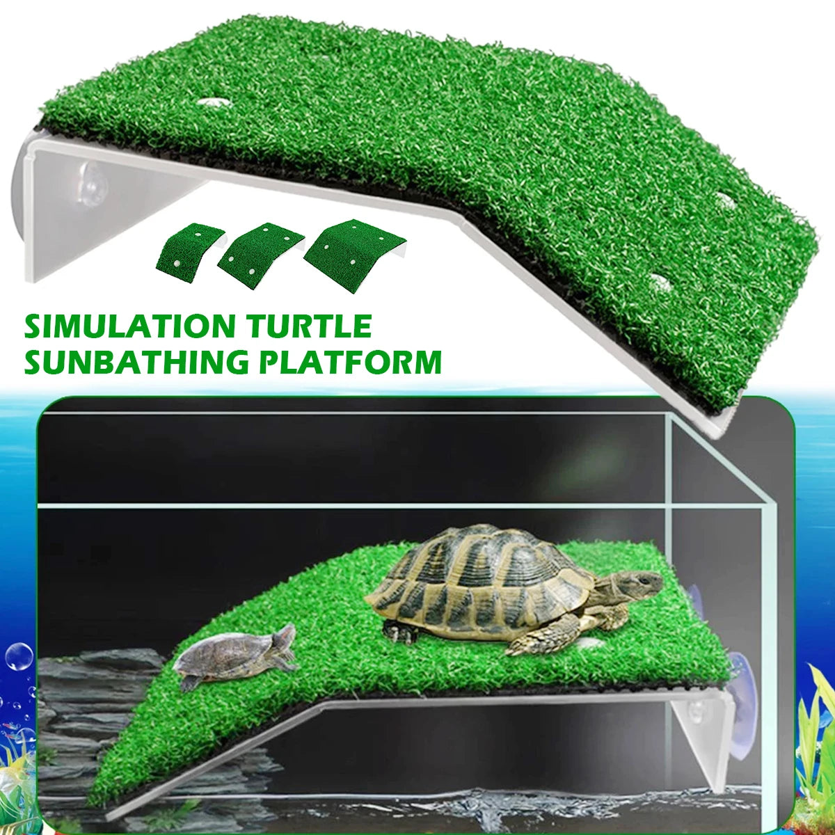 Plateforme de bain de soleil pour tortue avec de l'herbe artificielle verte pour habitat de reptile
