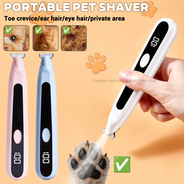 A white portable pet shaver is shown being used on a dog's paw, with various usage areas highlighted.