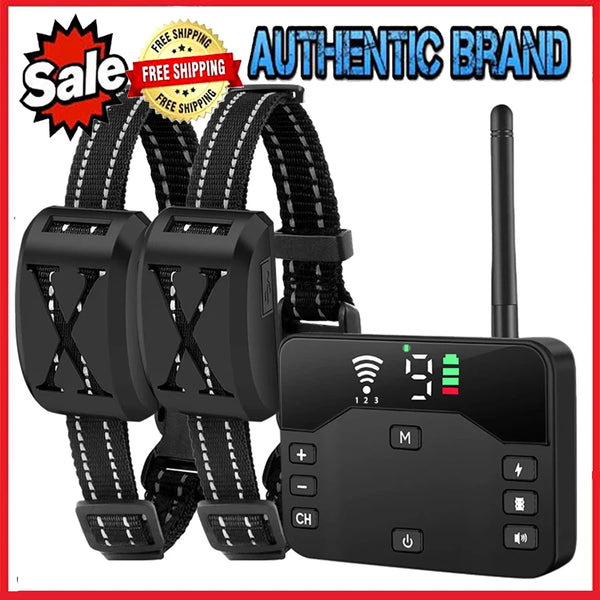 Black dual function dog training collar with an electric fence and remote trainer components.