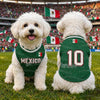 A white dog wearing a green vest with the number 10, standing on a grassy field.