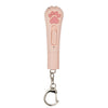 A pink pet laser pointer toy with a paw shape and a metal clip attached.