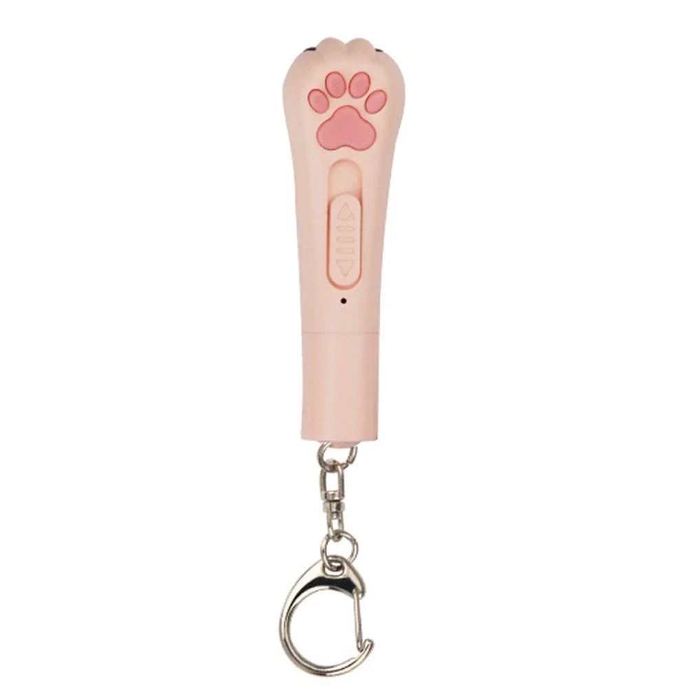 A pink pet laser pointer toy with a paw shape and a metal clip attached.