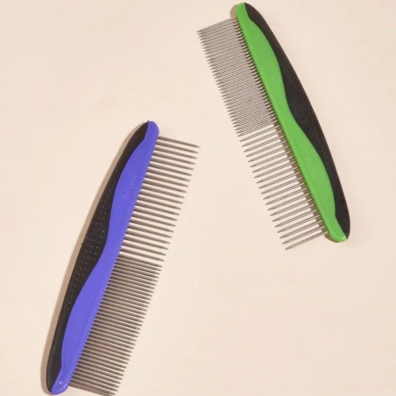 Two grooming combs, one purple and one green, are shown against a white background.