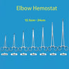 A set of stainless steel elbow hemostat forceps with various jaw sizes ranging from 12.5cm to 24cm.
