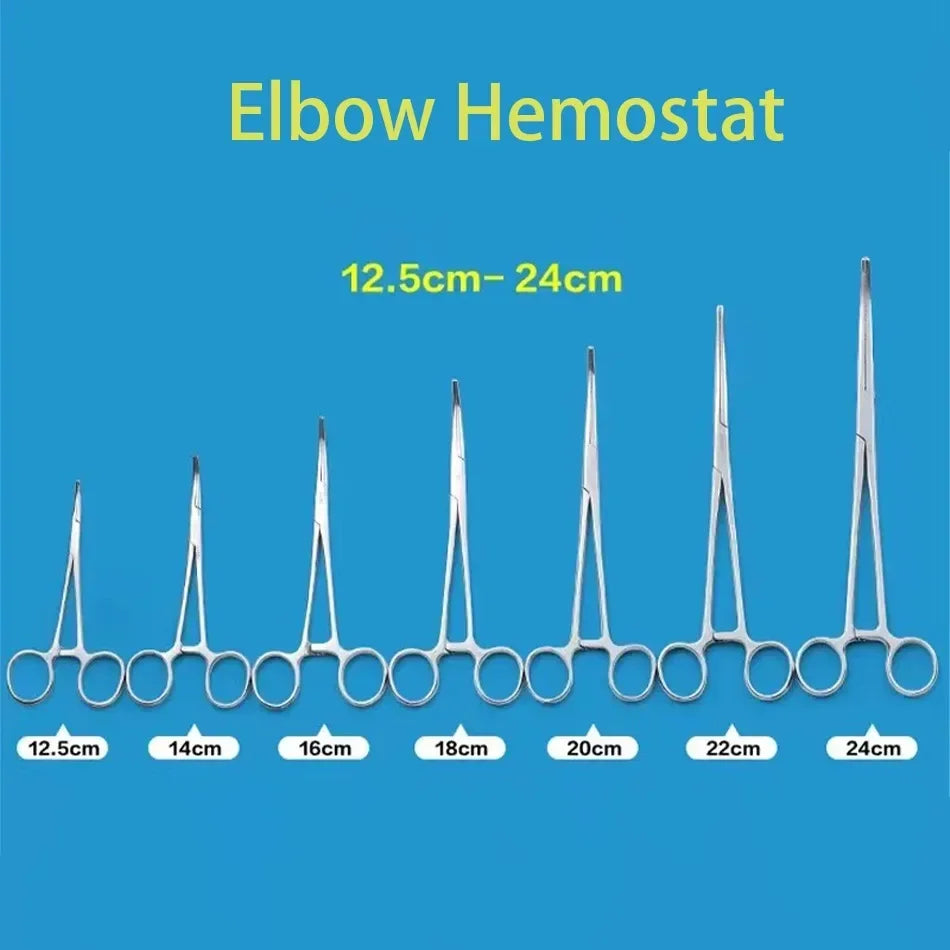 A set of stainless steel elbow hemostat forceps with various jaw sizes ranging from 12.5cm to 24cm.