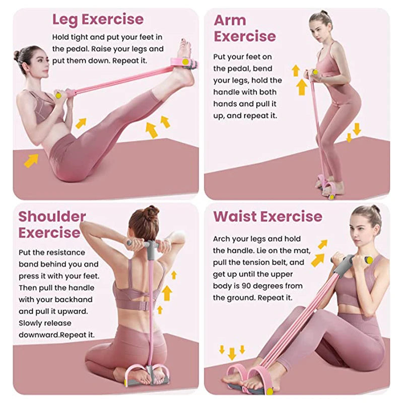 Quatre bandes de résistance pour exercices des jambes, des bras et des épaules sur un tapis de yoga rose.