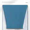 A blue silicone squeegee is shown cleaning water from a shower surface, leaving no marks.