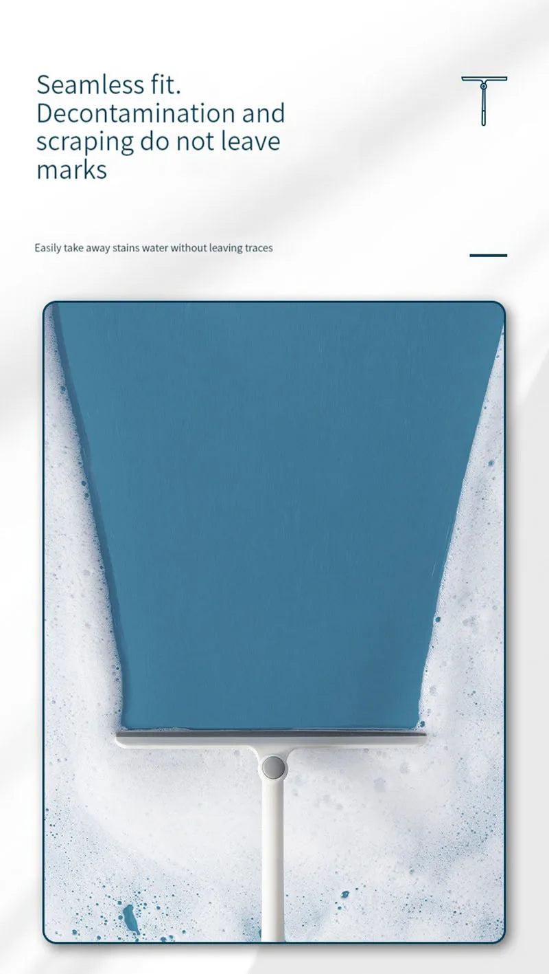 A blue silicone squeegee is shown cleaning water from a shower surface, leaving no marks.