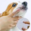 A person gently cleans a dog's mouth with a silicone finger toothbrush for dental care.