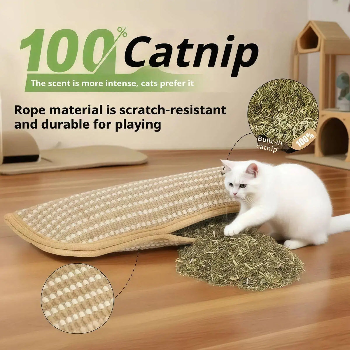A white cat is interacting with a beige rope material cat scratcher toy and loose catnip on a wooden floor.