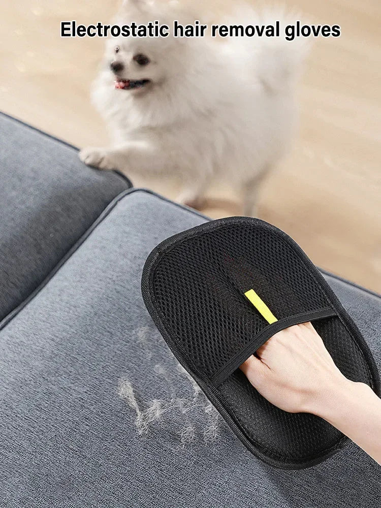 A hand wearing black electrostatic hair removal gloves is removing pet hair from a dog's fur.