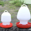 White automatic poultry feeder and waterer with orange base sitting on a dark surface.