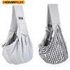 A gray adjustable crossbody dog sling carrier shown in two views, one showing the closed bag and the other showing the open, 