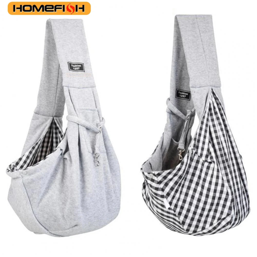 A gray adjustable crossbody dog sling carrier shown in two views, one showing the closed bag and the other showing the open, 