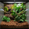 A suction cup lizard hammock setup featuring a green lizard climbing among moss and foliage in a terrarium.