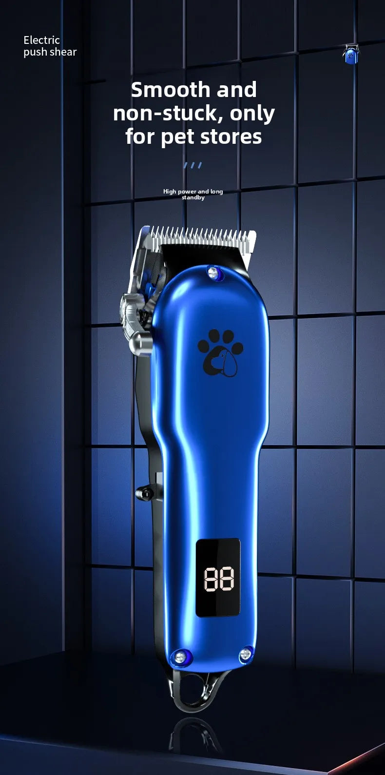 Un coupe-poils électrique bleu pour animaux de compagnie, présenté sur un fond sombre.