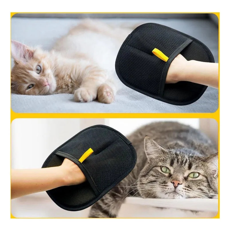 Ein Paar schwarzer Tierhaarentfernungs-Groomhandschuhe werden zum Reinigen des Fells einer Kätzchen verwendet.