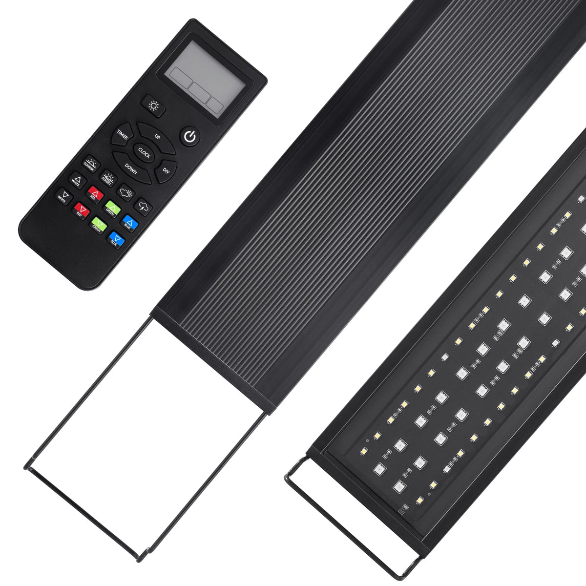 Schwarze programmierbare Vollspektrum-Aquarien-LED-Lampe mit Fernbedienung und langer Leiste.