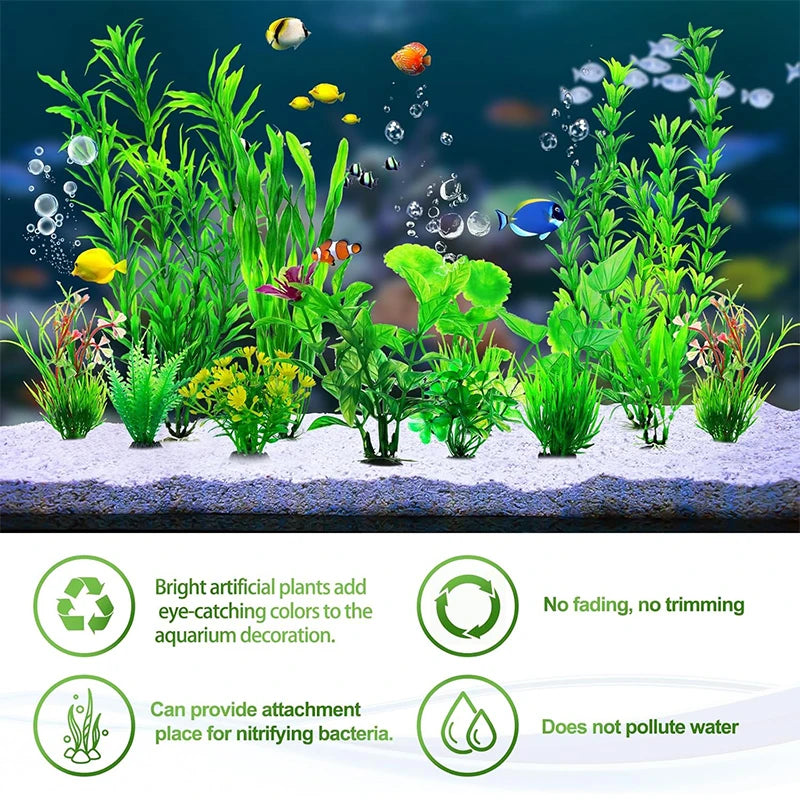 A set of ten realistic green artificial aquarium plants used for fish tank decoration.