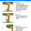 Instructions showing three methods to attach a bungee tug toy for dogs to a tree limb or trunk.