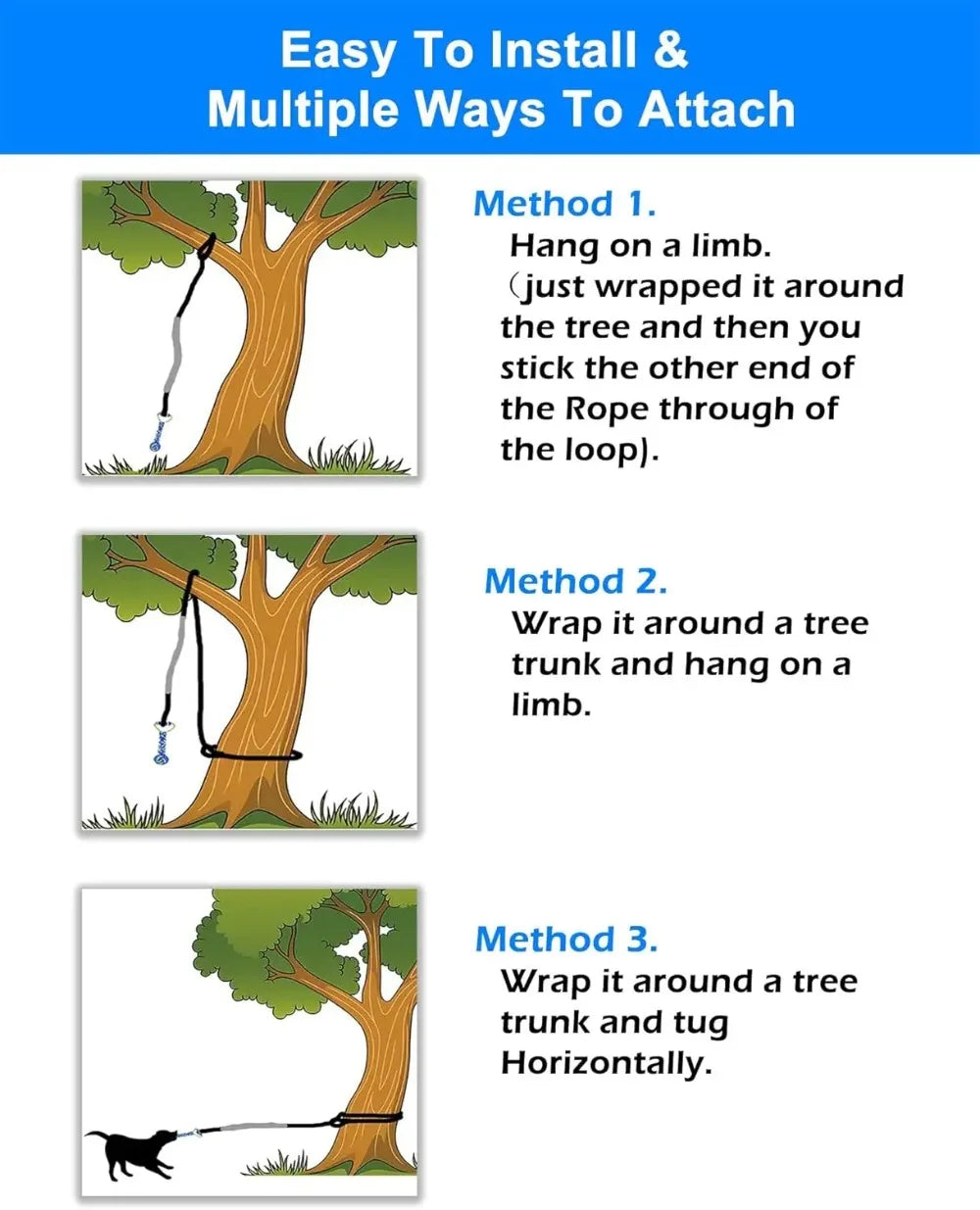 Instructions showing three methods to attach a bungee tug toy for dogs to a tree limb or trunk.