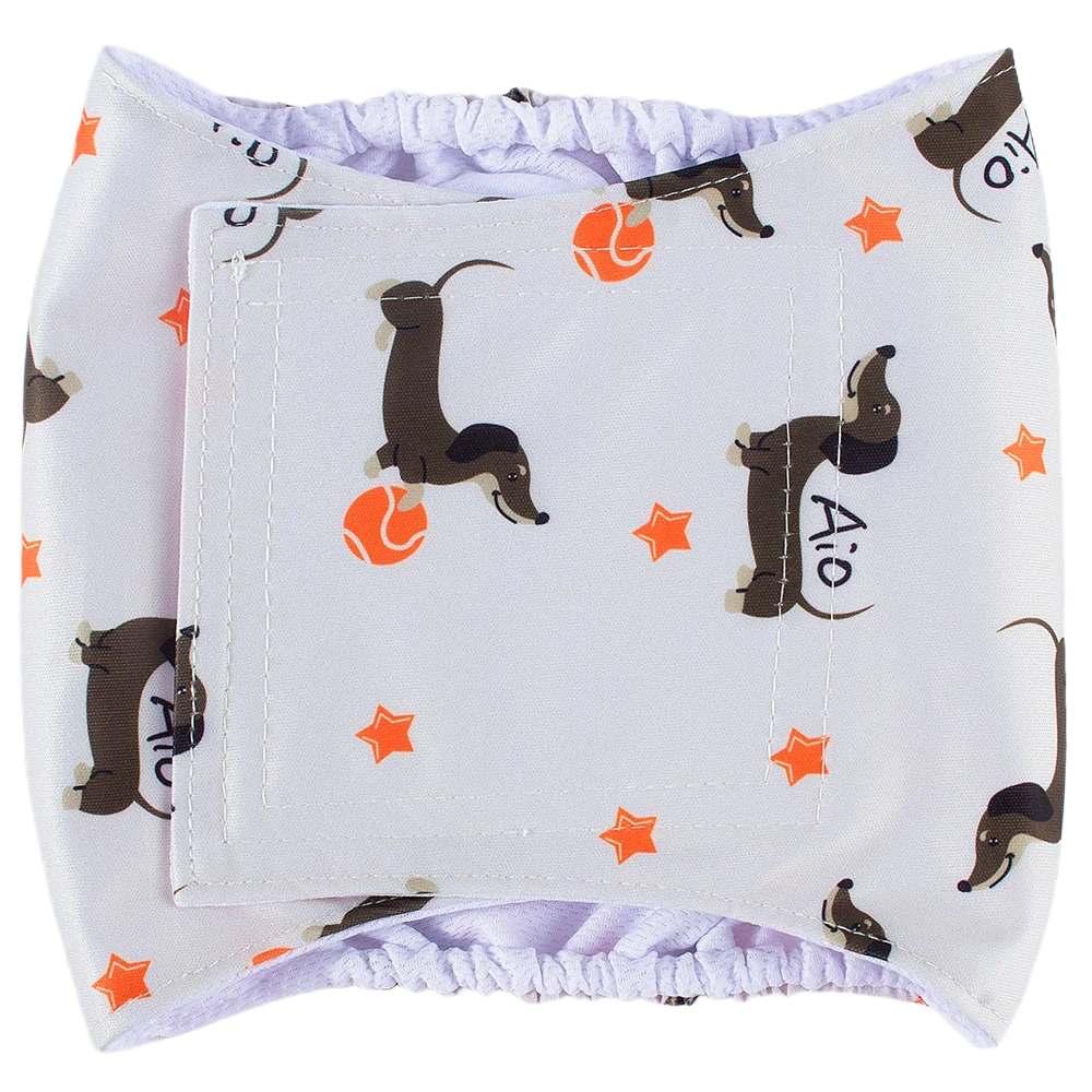 White washable dog sanitary wraps featuring a repeating pattern of brown dog silhouettes and orange stars.
