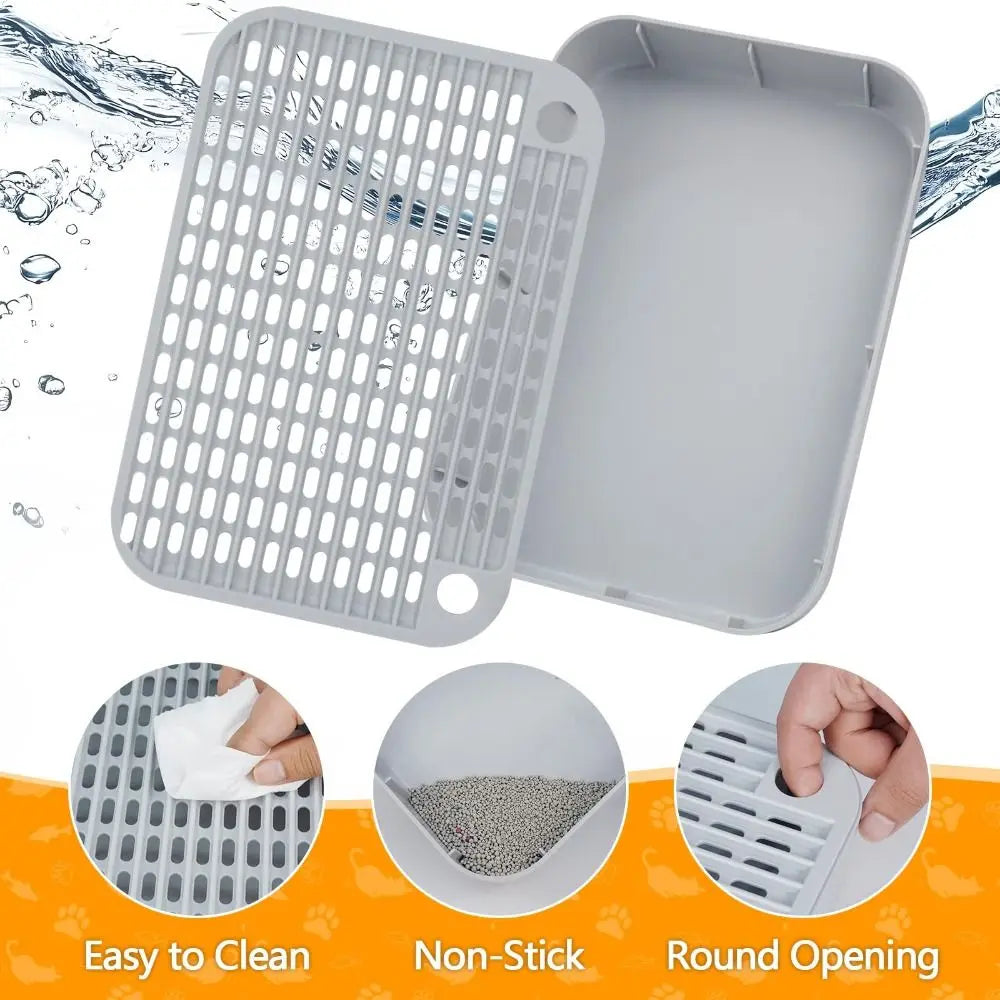 Weiße abnehmbare wasserdichte Streubox mit Gitterdesign, zusammen mit Reinigungs- und Gebrauchsanweisungen.