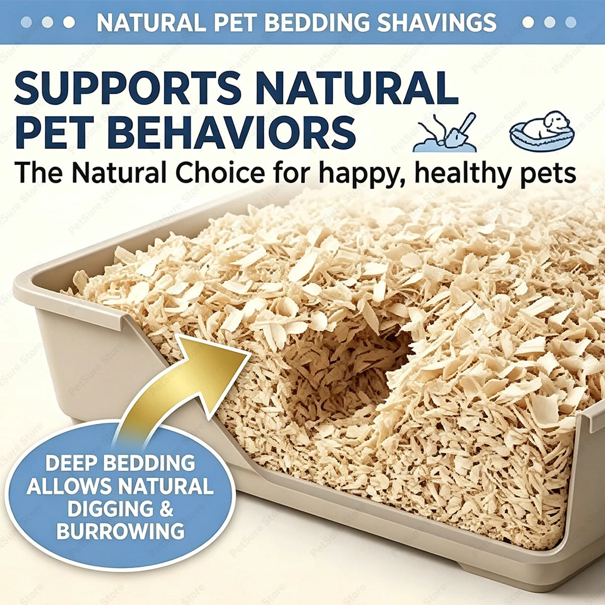 A shallow tray filled with natural wood chip bedding for pets, demonstrating deep bedding for digging and burrowing.