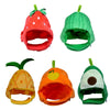 Adorable fruit-shaped pet hats for cats and dogs in red, green, and orange colors