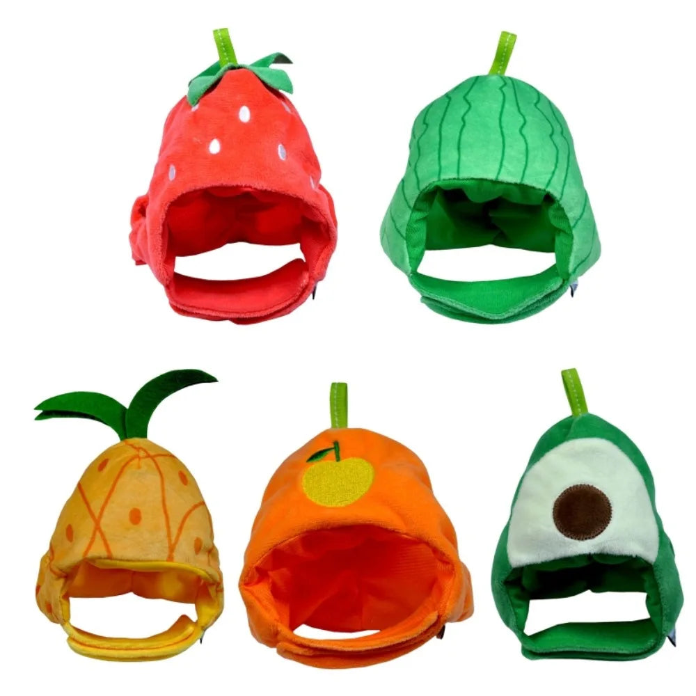 Adorable fruit-shaped pet hats for cats and dogs in red, green, and orange colors