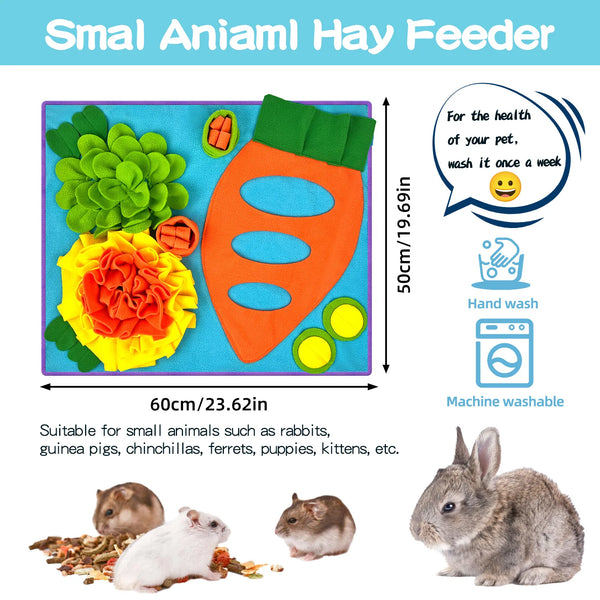 An orange carrot shaped pet snuffle mat with various green and yellow fabric pieces for small animals