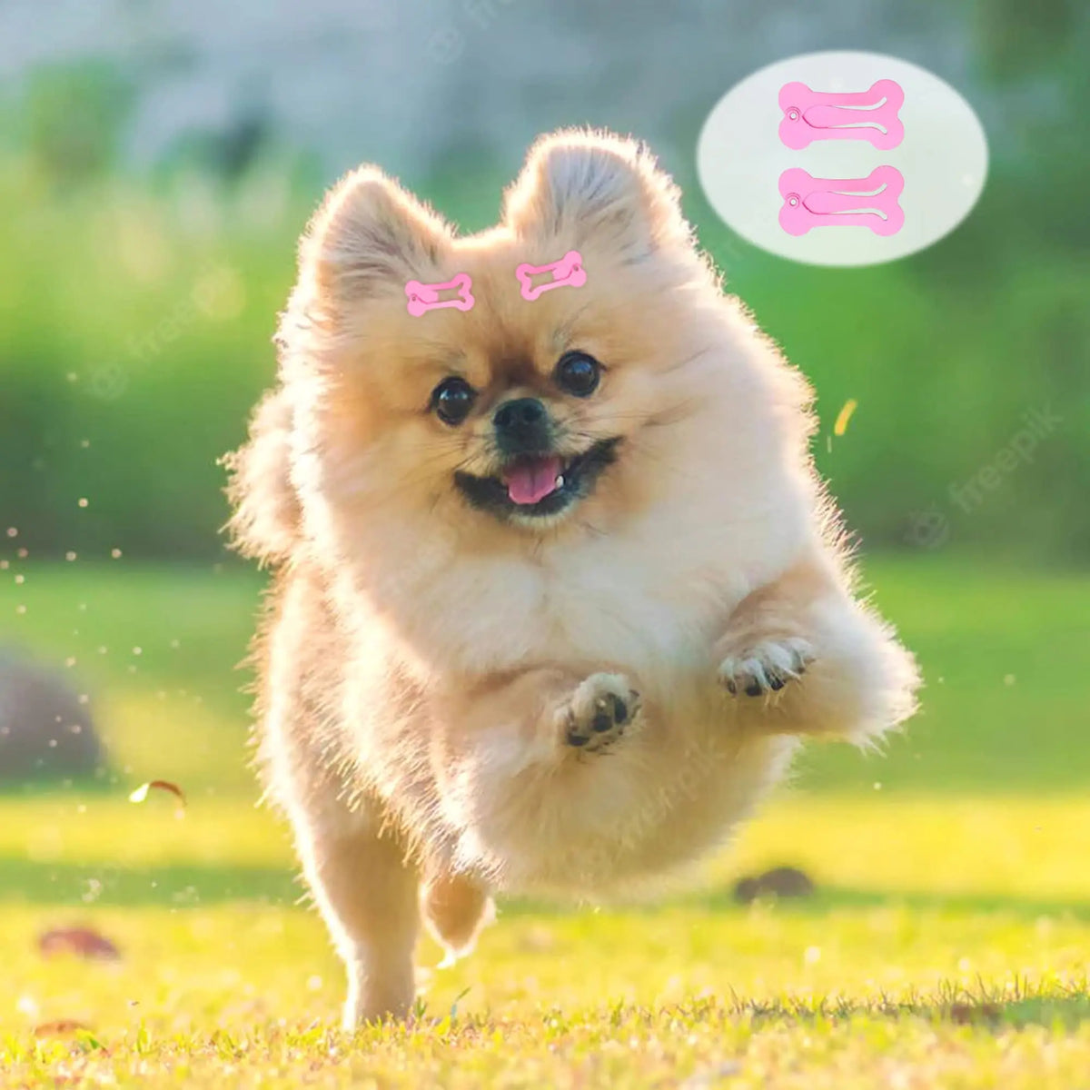 Ein flauschiger hellbrauner Hund rennt über grünen Rasen mit pinken Haarbändeln, die um ihn herumschweben.