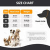 Size chart for dog calming and comfort headgear showing sizes S M L with corresponding head circle measurements and weights.