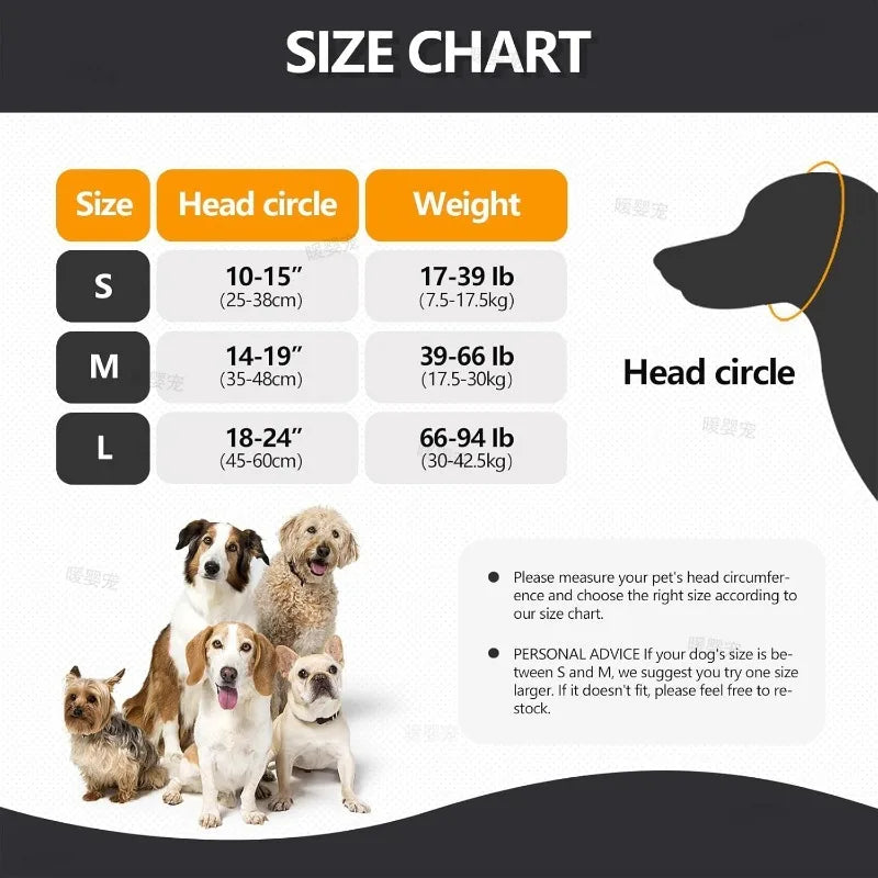 Size chart for dog calming and comfort headgear showing sizes S M L with corresponding head circle measurements and weights.