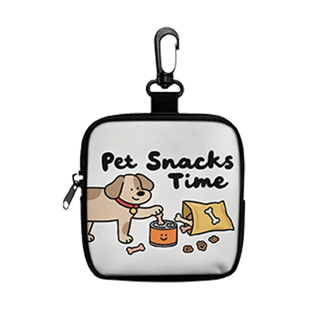 A black pet snack pouch with a hook and zipper, featuring a cartoon dog enjoying treats.