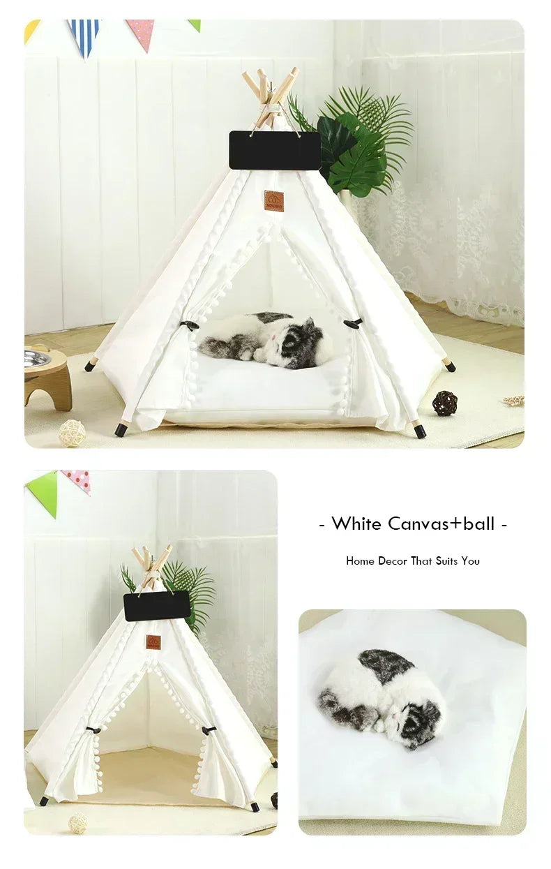 White canvas teepee pet tent with a removable cushion and blackboard for pets