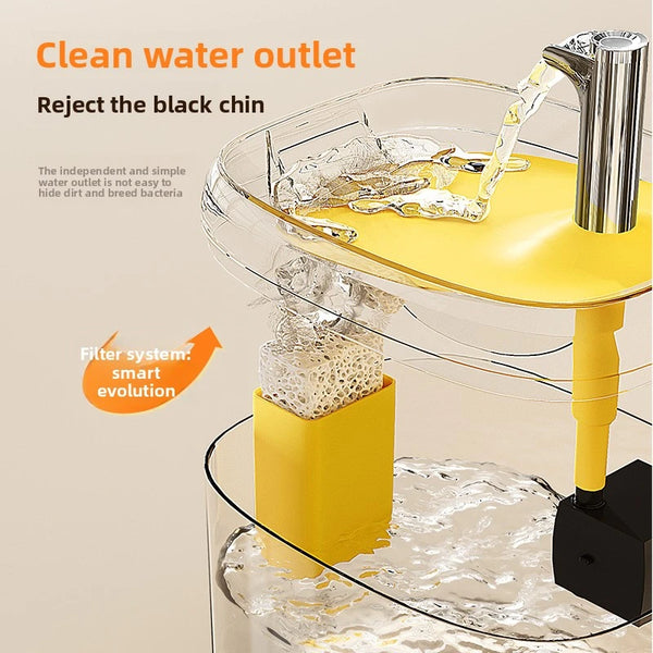 A clear automatic pet water fountain with a yellow base and a spout for clean water outlet.